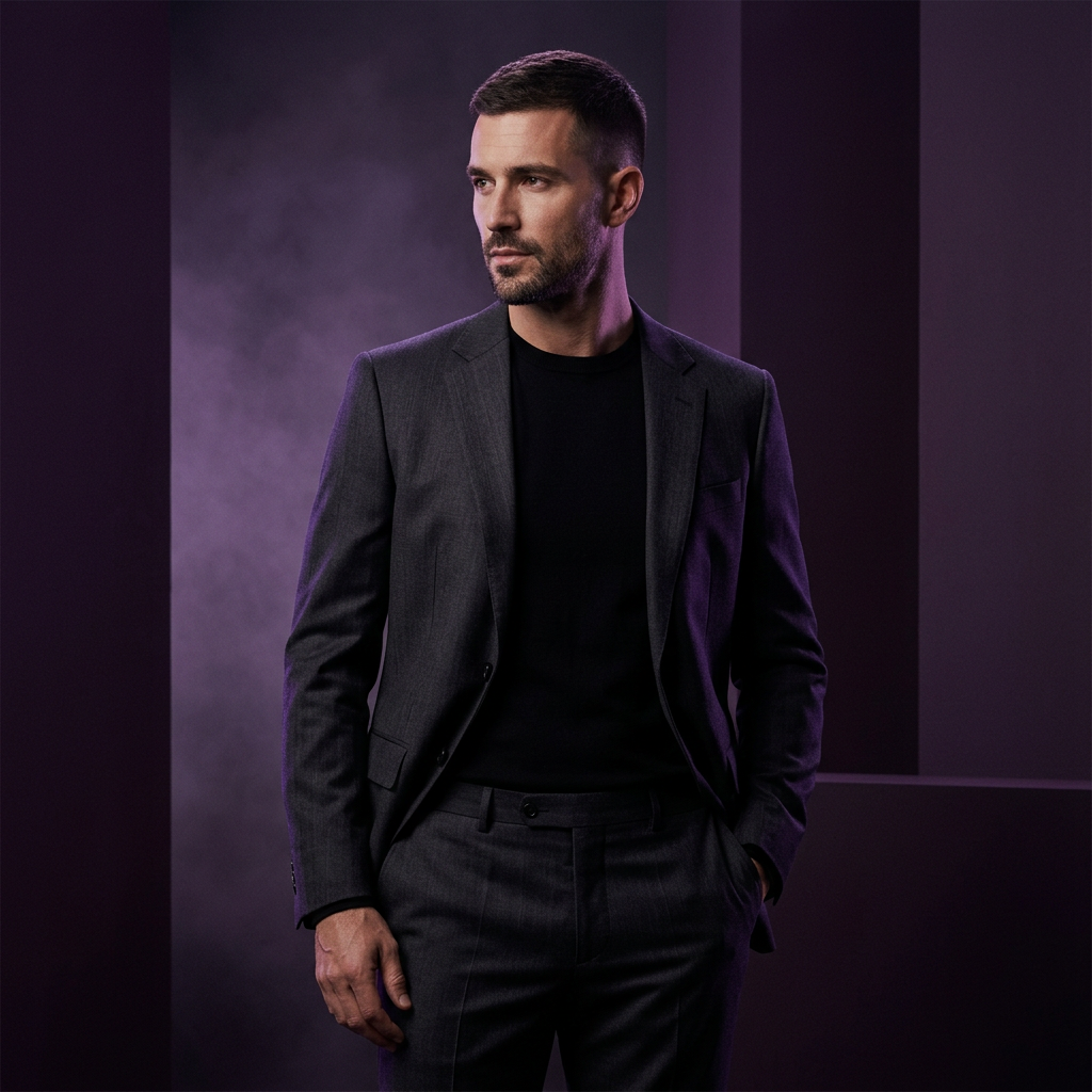 Men’s fashion editorial with charcoal tailoring and dark lavender lighting