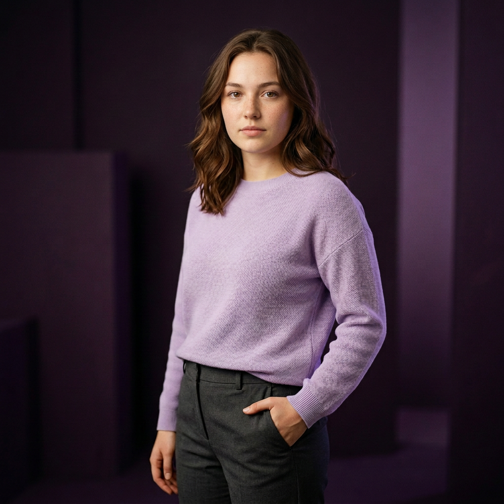 Women’s fashion editorial with a serious expression and dark lavender styling