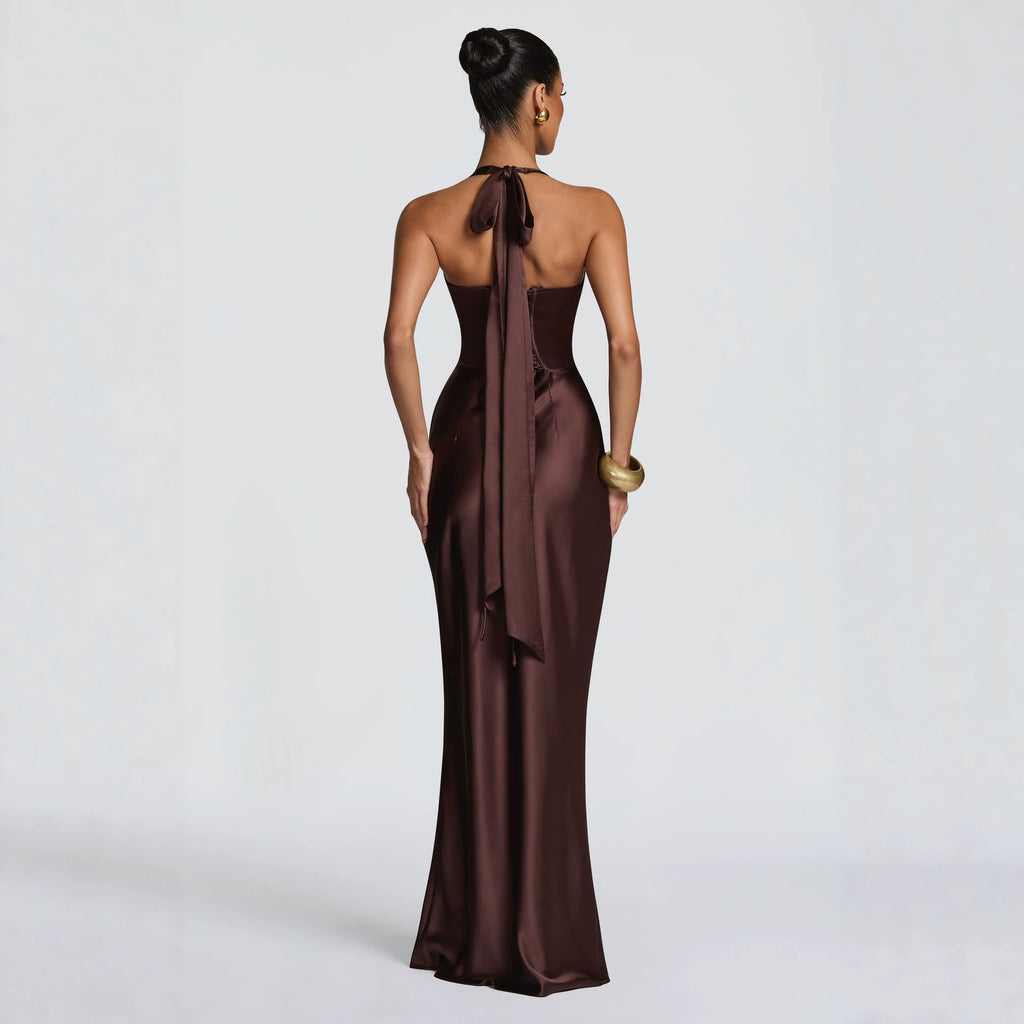 Women's Halter Satin Fishtail Dress Deep V-Neck Backless Tie-Back Long Party Dress