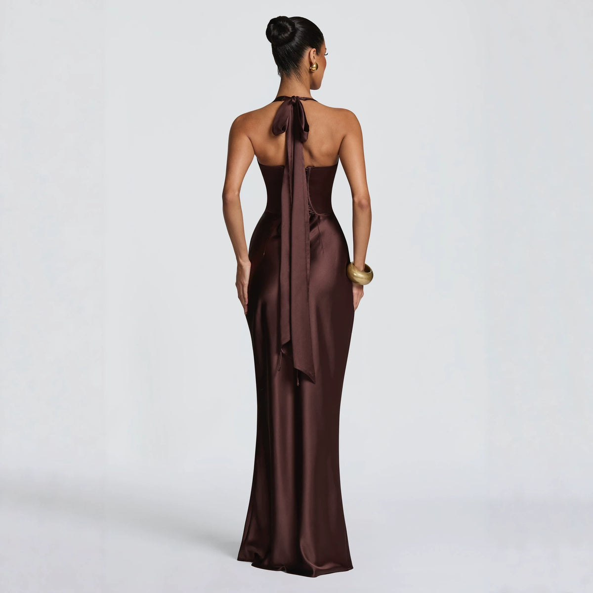 Women's Halter Satin Fishtail Dress Deep V-Neck Backless Tie-Back Long Party Dress