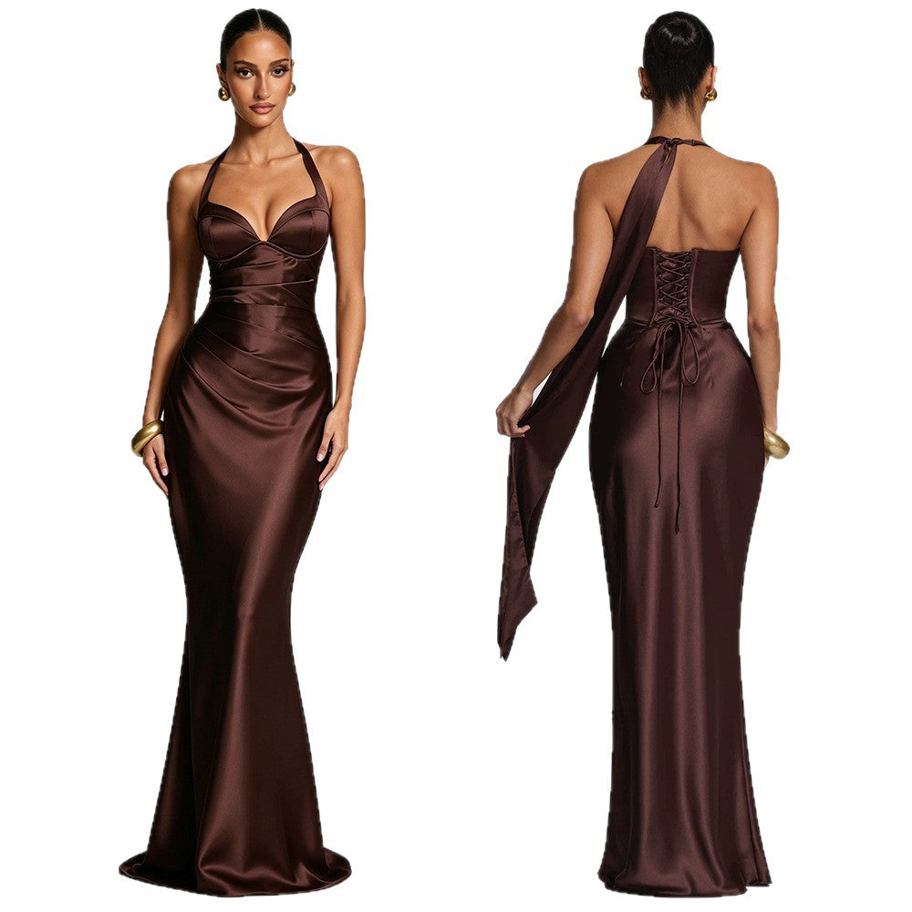Women's Halter Satin Fishtail Dress Deep V-Neck Backless Tie-Back Long Party Dress