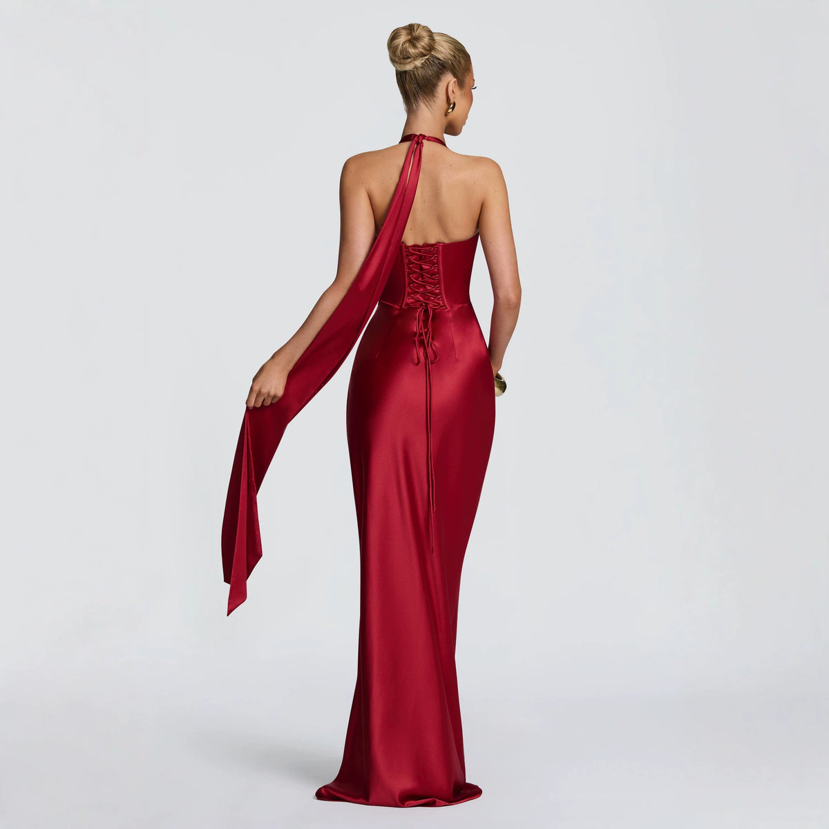 Women's Halter Satin Fishtail Dress Deep V-Neck Backless Tie-Back Long Party Dress