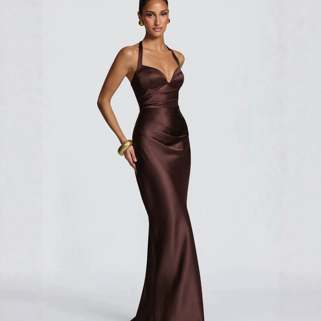 Women's Halter Satin Fishtail Dress Deep V-Neck Backless Tie-Back Long Party Dress