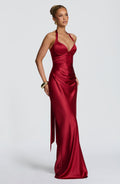 Women's Halter Satin Fishtail Dress Deep V-Neck Backless Tie-Back Long Party Dress