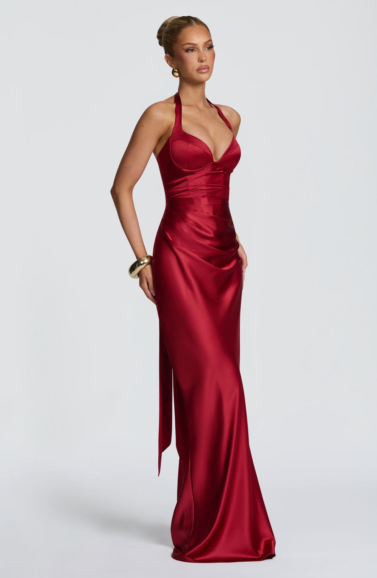 Women's Halter Satin Fishtail Dress Deep V-Neck Backless Tie-Back Long Party Dress