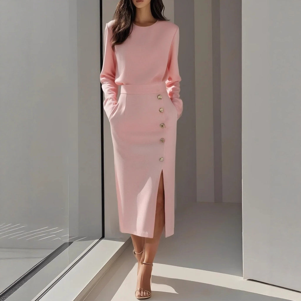 Women's Solid Long Sleeve Round Neck Waist-Cinched Button Slit Dress