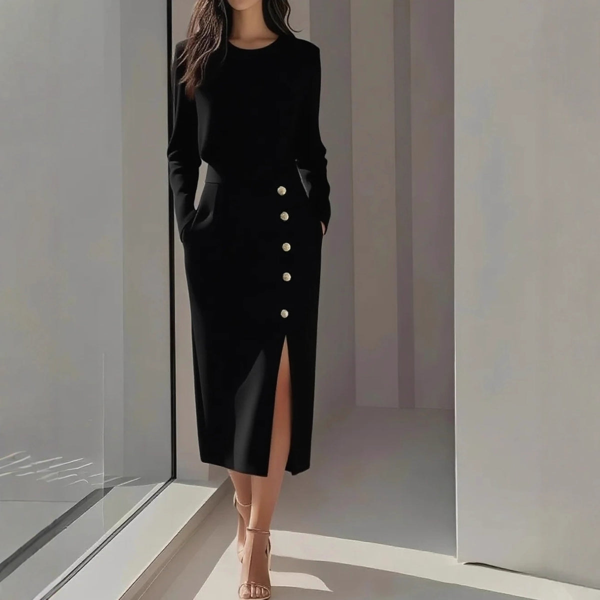 Women's Solid Long Sleeve Round Neck Waist-Cinched Button Slit Dress