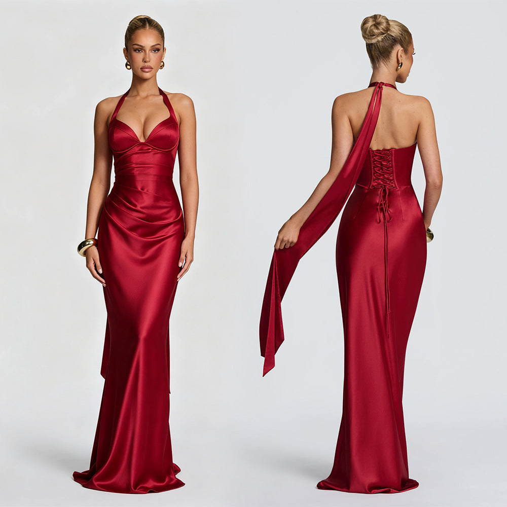 Women's Halter Satin Fishtail Dress Deep V-Neck Backless Tie-Back Long Party Dress